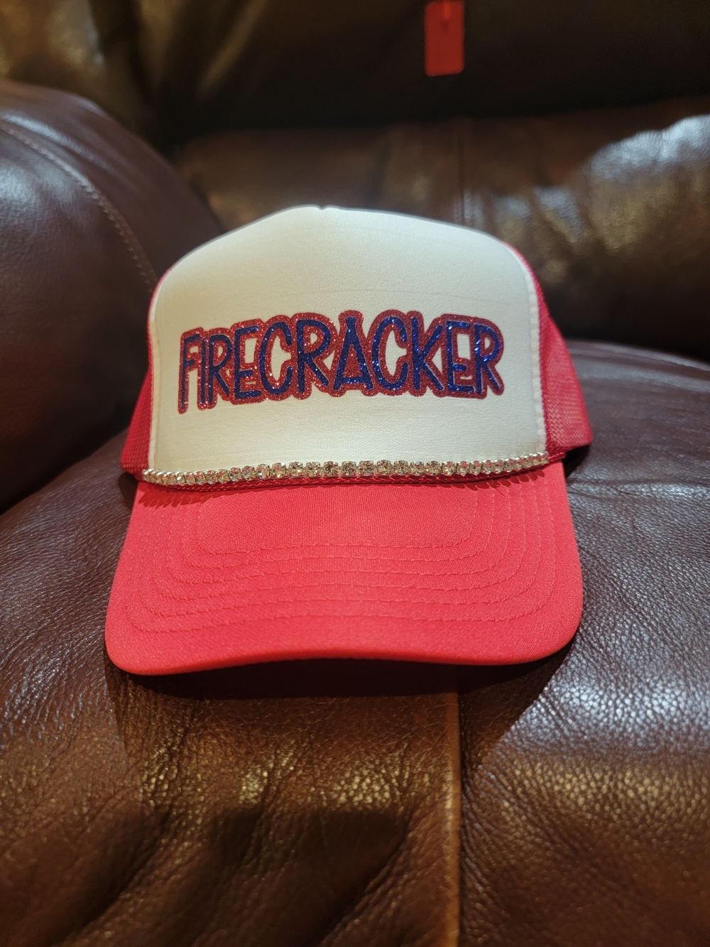 OTTO Red and White "FIRECRACKER" Trucker Cap with Rhinestone Trim - Picture 1 of 2